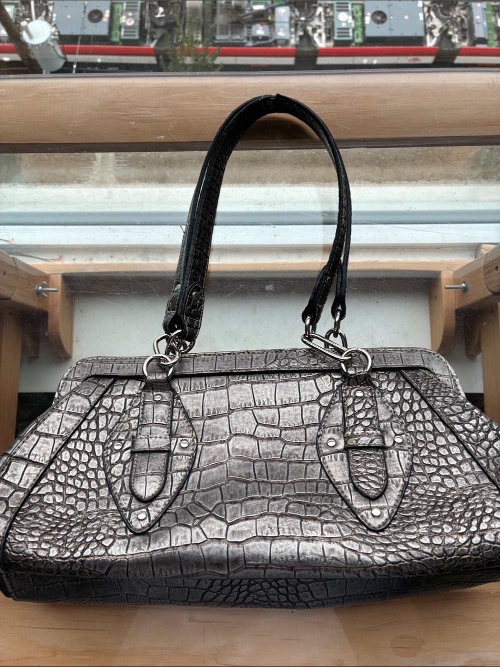 Classic Croc-Embossed Black Shoulder Bag